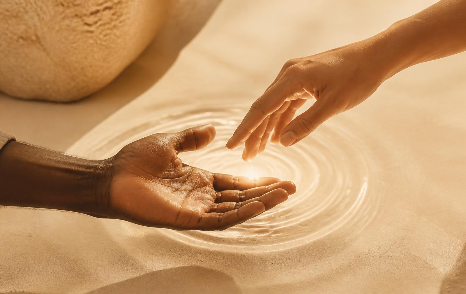 Two hands meeting above a glowing ripple, symbolising how a small gesture spreads outward